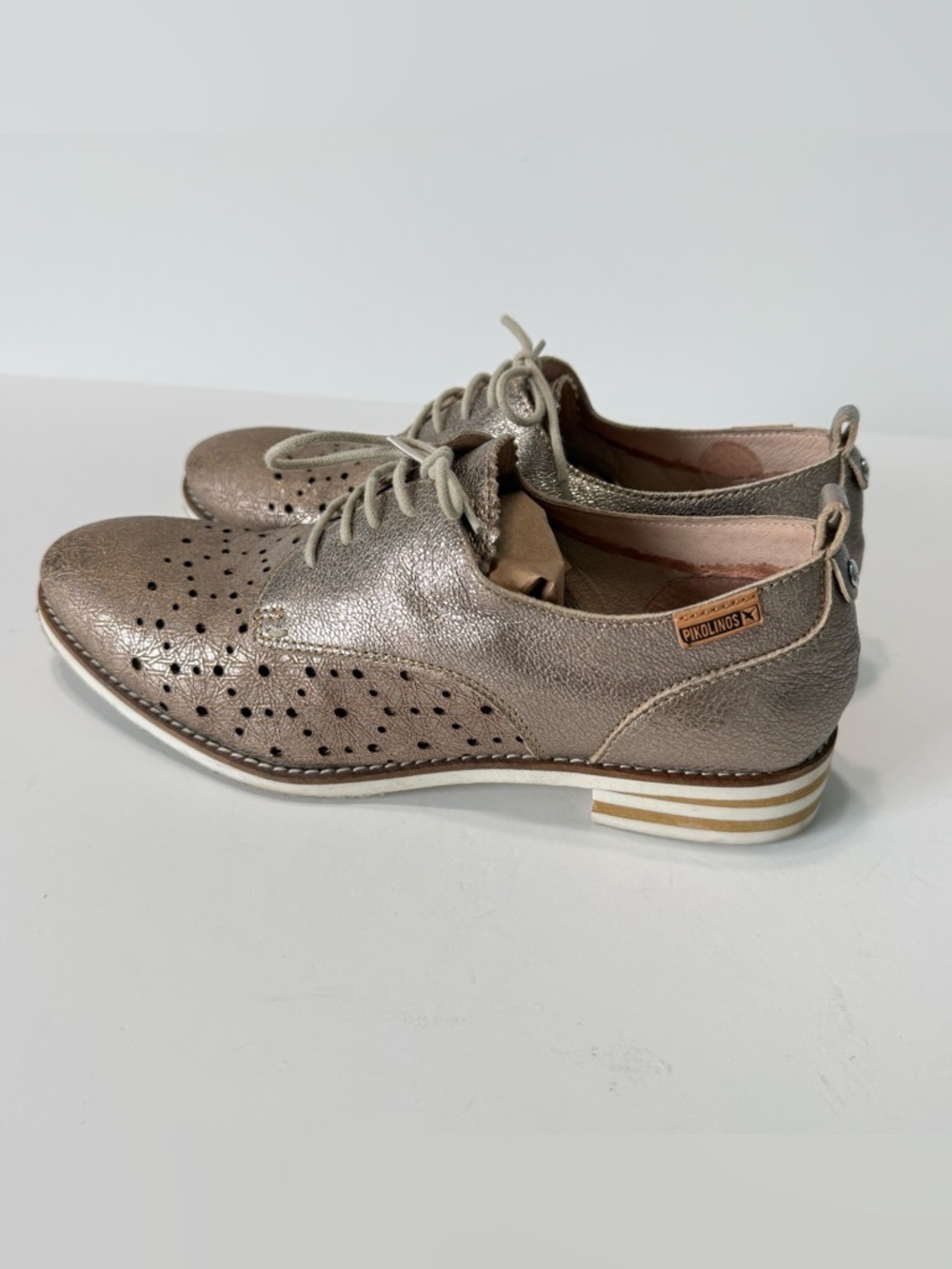 Pikolinos Royal W4D Leather Oxford Shoes Metallic Taupe Bronze Perforated Size 8